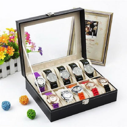 10-Compartment Leather Watch Box - Black