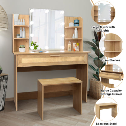 Vanity Desk Set with Stool, LED Mirror, Drawer, and Compartments, Modern Wood Dressing Table with Storage