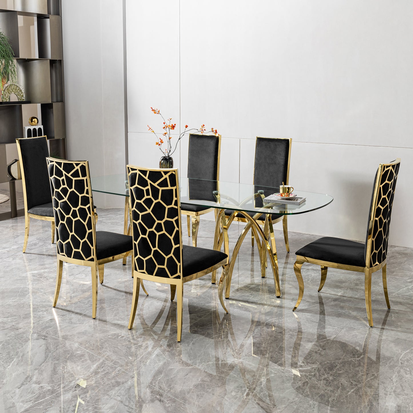 0.47" Thick Tempered Clear Glass Rectangular Big Dining Table with Gold Stainless Steel Base 86.61" L x 39.37" W x 29.92" H