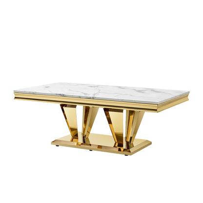 51.18" Modern Rectangular 0.78" Thick MDF Marble Pattern Top, Coffee Table Stainless Steel Base with Gold Mirror Finish