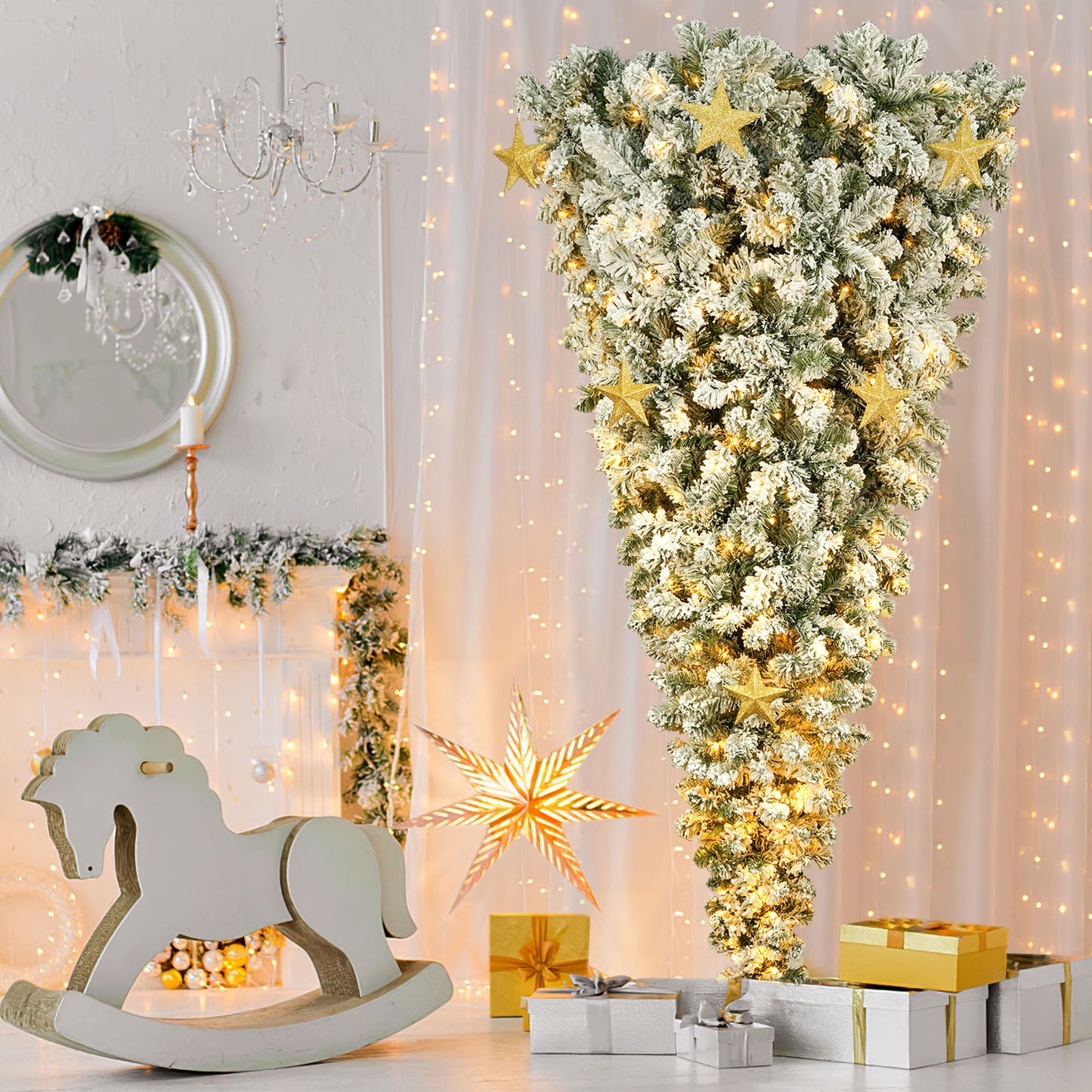 GO 6 FT Upside Down Christmas Tree with White Flocking, 360 LED Warm Lights X-mas and 8 Golden Star Decorations