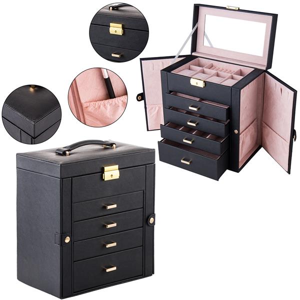 Synthetic Leather Jewelry Box - Mirrored, Lockable, Black