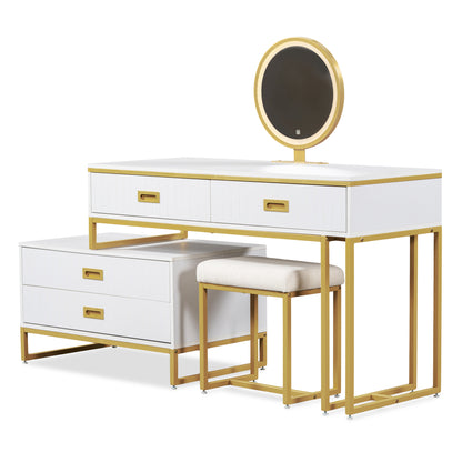 Modern Vanity Table with Movable Side Cabinet, 4 Drawers, Mirror with 3-Color LED Lights, Makeup Table with Stool, Gold Legs