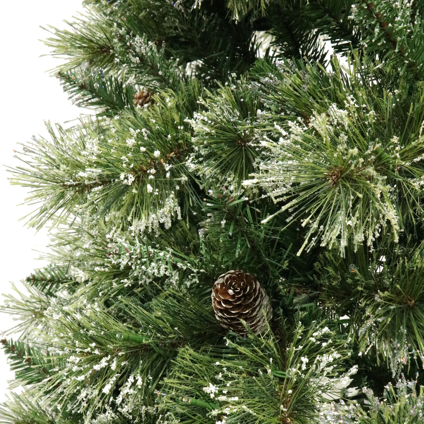 7.5' Brilste Mixed  Hinged Tree with Snow and Glitter and 86 Frosted Pine Cones and 750 Clear LED Lights