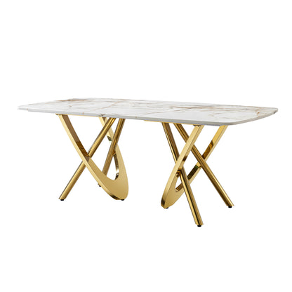 MDF marble pattern dining table with gold stainless steel base, rectangular shape seats 6-8 people