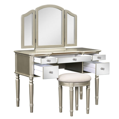 Dressing Table Set with Mirrored Drawers, Tri-fold Mirror, and Stool, Makeup Vanity Set for Bedroom