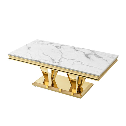 51.18" Modern Rectangular 0.78" Thick MDF Marble Pattern Top, Coffee Table Stainless Steel Base with Gold Mirror Finish