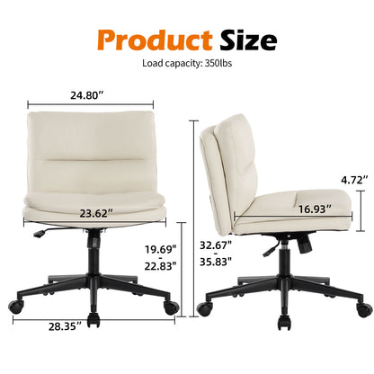 Armless Office Chair, PU Padded Desk Chair with Wheels, Mid Back Rocking Computer Chair for Bedroom and Vanity