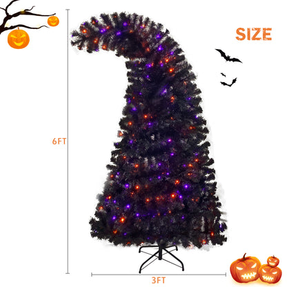 6FT Artificial Fir Bent Top Halloween Christmas Tree, Xmas Tree Bendable Grinch Style Christmas Tree Holiday Decoration w/1,080 Lush Branch Tips, 300 LED Lights X-mas Halloween Style