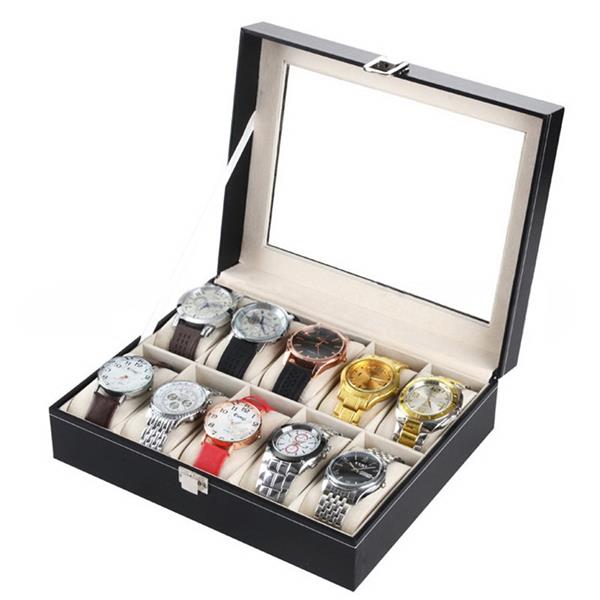 10-Compartment Leather Watch Box - Black