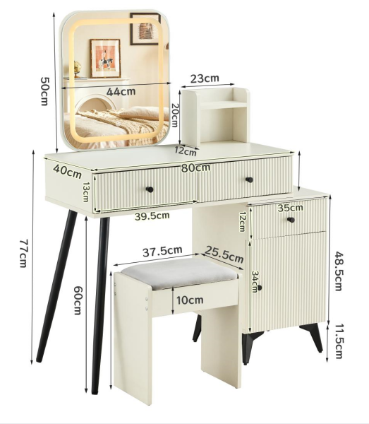 Makeup Vanity Desk with Square LED Mirror, Glass Top, 4 Drawers, Adjustable Shelves, and Movable Side Table