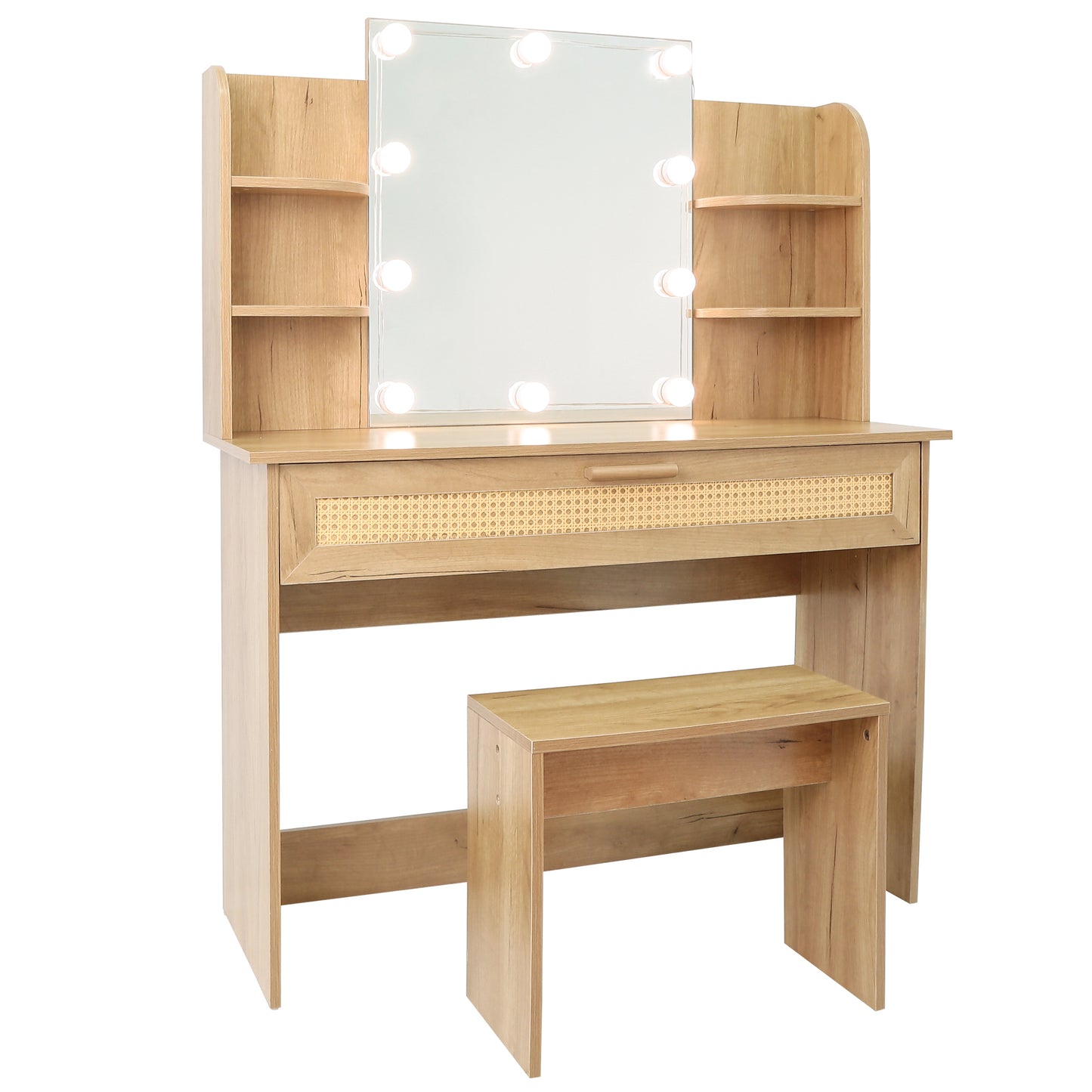 Vanity Desk Set with Stool, LED Mirror, Drawer, and Compartments, Modern Wood Dressing Table with Storage