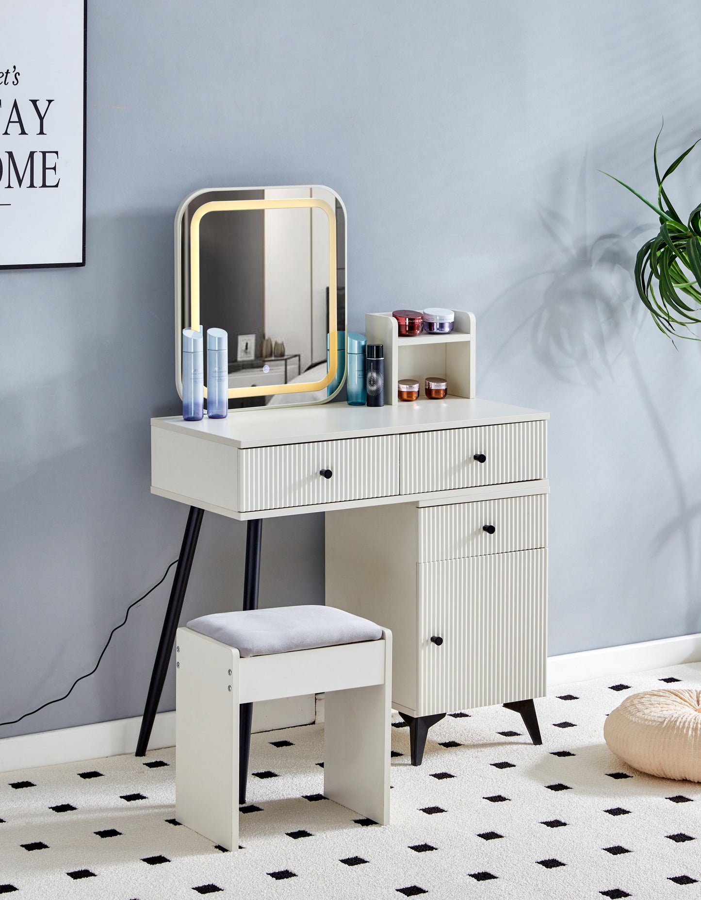 Makeup Vanity Desk with Square LED Mirror, Glass Top, 4 Drawers, Adjustable Shelves, and Movable Side Table