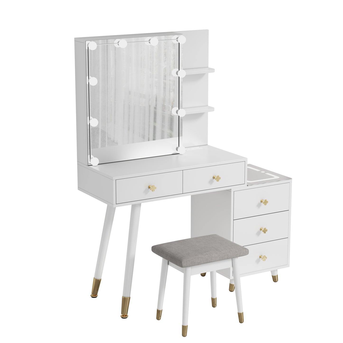 FCH Vanity Cabinet with 5 Drawers, 2 Shelves, LED Mirror with Three-Tone Lighting