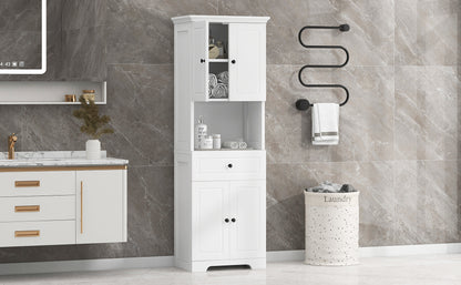 Tall Bathroom Cabinet with Four Doors and Open Shelve