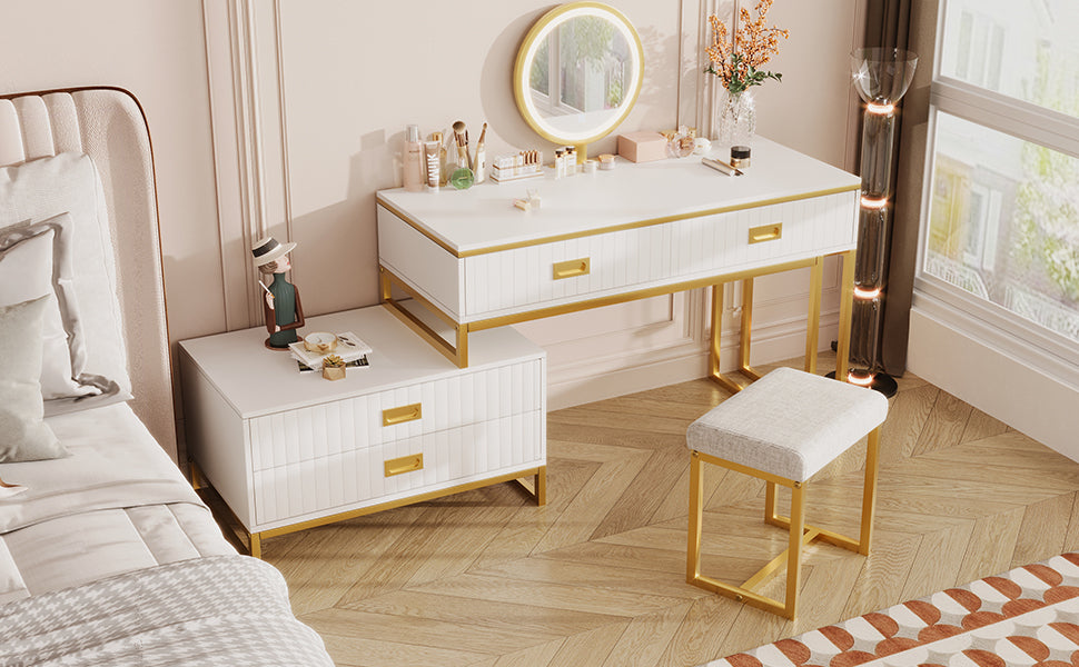 Modern Vanity Table with Movable Side Cabinet, 4 Drawers, Mirror with 3-Color LED Lights, Makeup Table with Stool, Gold Legs