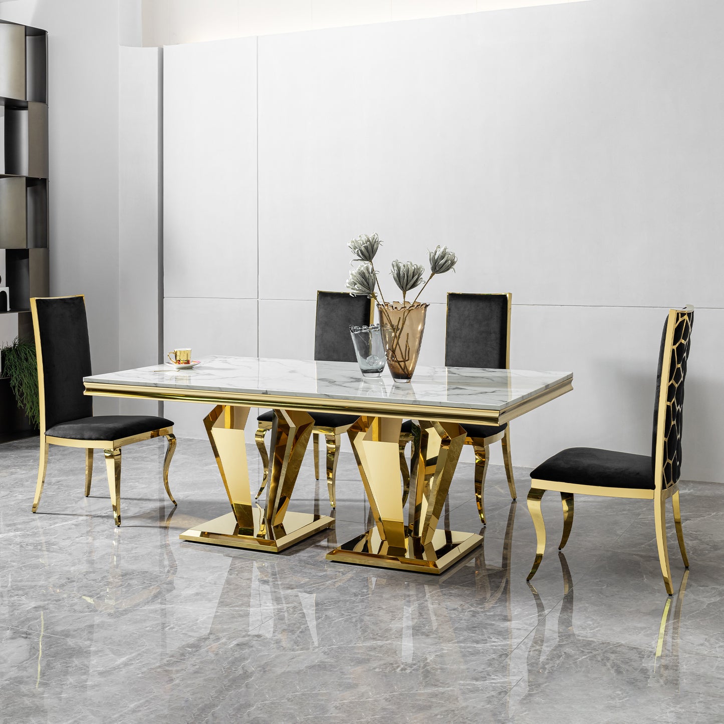 Dining Table for 6 or 8, Rectangular 78.74" L x 39.37" W x 29.92" H Gold Polished Stainless Steel Base MDF Marble Top