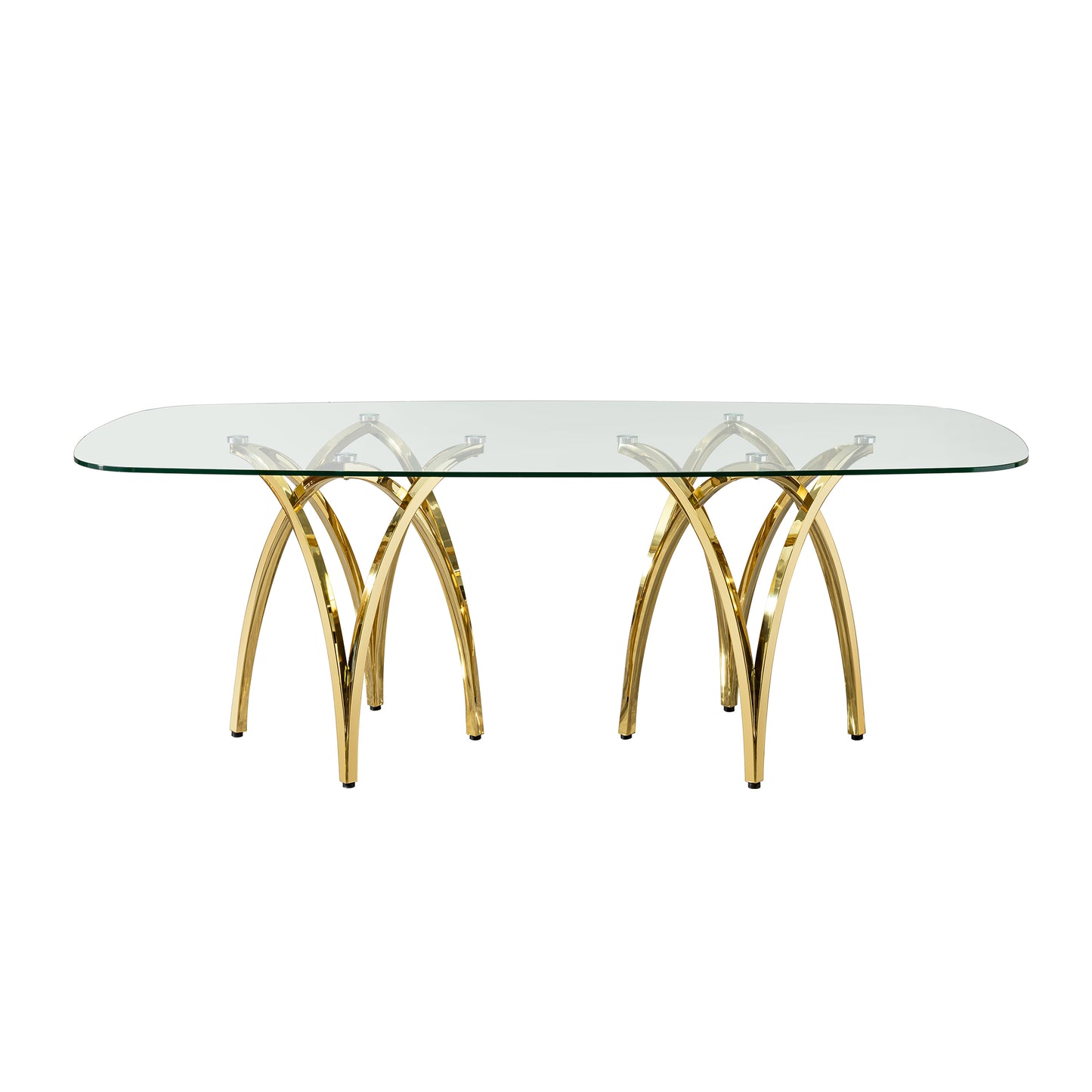 0.47" Thick Tempered Clear Glass Rectangular Big Dining Table with Gold Stainless Steel Base 86.61" L x 39.37" W x 29.92" H