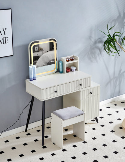 Makeup Vanity Desk with Square LED Mirror, Glass Top, 4 Drawers, Adjustable Shelves, and Movable Side Table