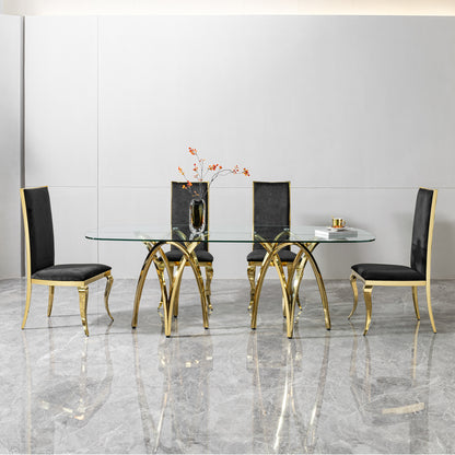 0.47" Thick Tempered Clear Glass Rectangular Big Dining Table with Gold Stainless Steel Base 86.61" L x 39.37" W x 29.92" H