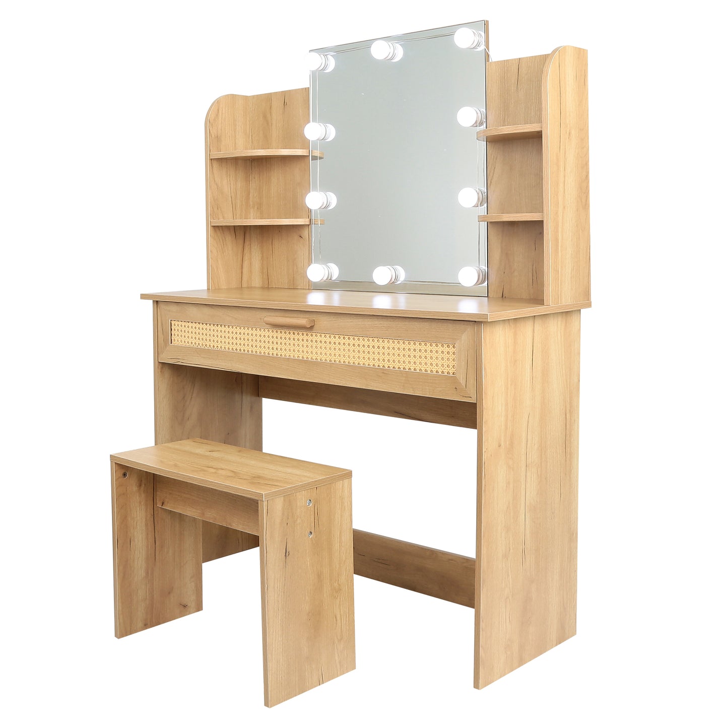 Vanity Desk Set with Stool, LED Mirror, Drawer, and Compartments, Modern Wood Dressing Table with Storage