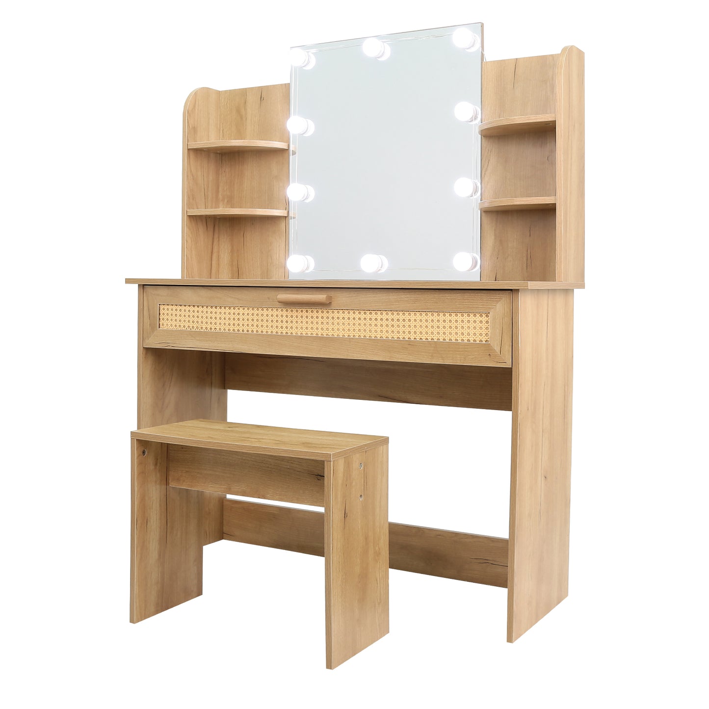 Vanity Desk Set with Stool, LED Mirror, Drawer, and Compartments, Modern Wood Dressing Table with Storage