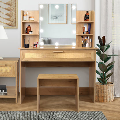 Vanity Desk Set with Stool, LED Mirror, Drawer, and Compartments, Modern Wood Dressing Table with Storage