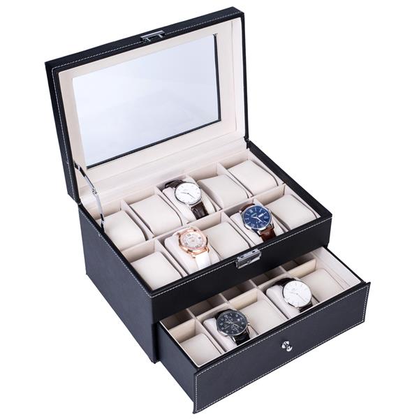 20-Compartment Wooden Watch Box - Dual Layers, Black