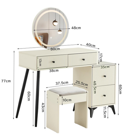 Makeup Vanity Desk with Round LED Mirror, Glass Top, 4 Drawers, Adjustable Shelves, and Movable Side Table