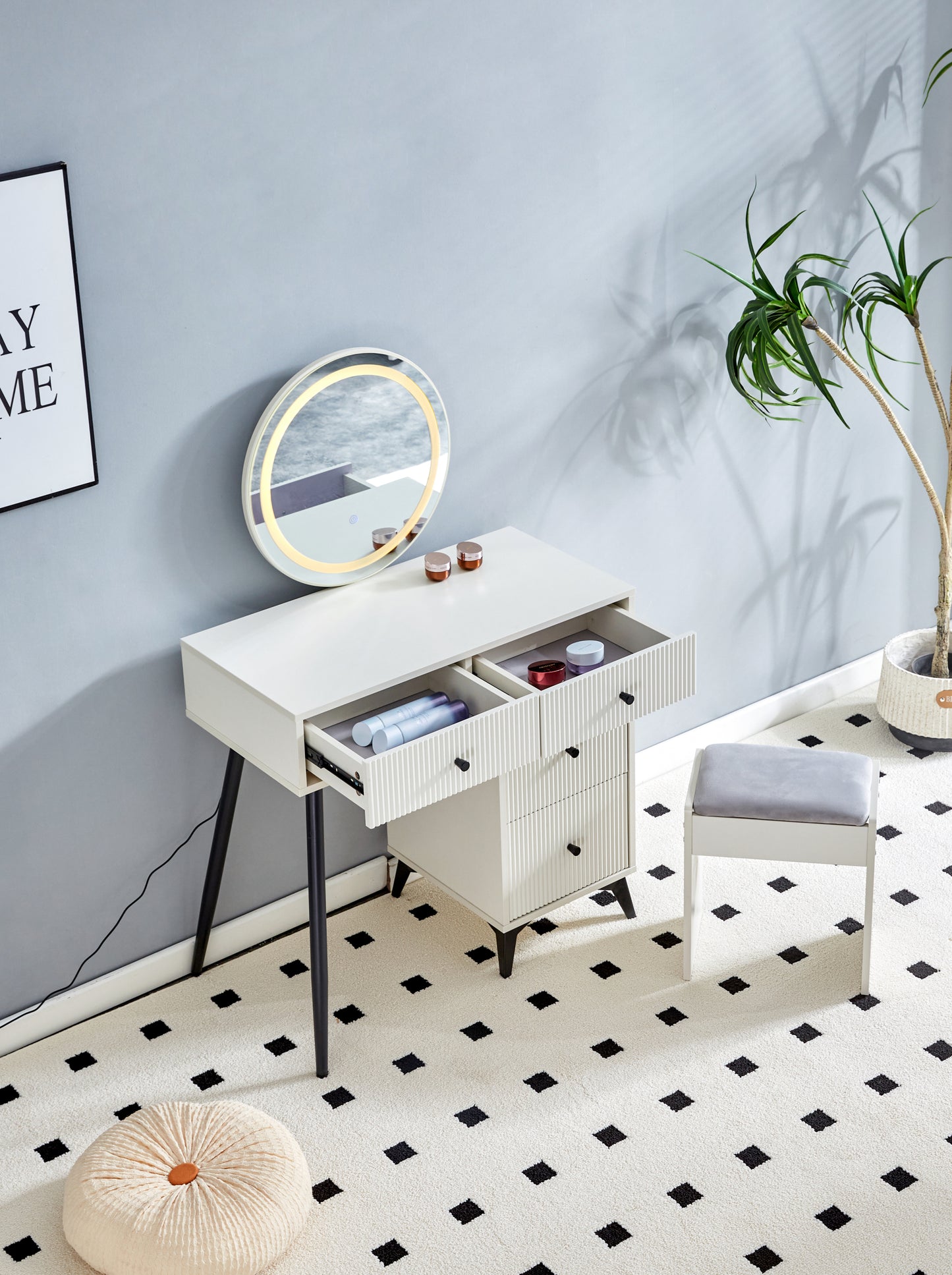 Makeup Vanity Desk with Round LED Mirror, Glass Top, 4 Drawers, Adjustable Shelves, and Movable Side Table