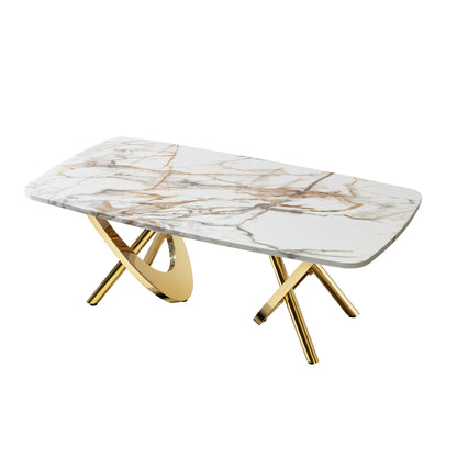 Gold stainless steel marble pattern coffee table 50.78" L x 27.16" W x 18.11" H for living room & office