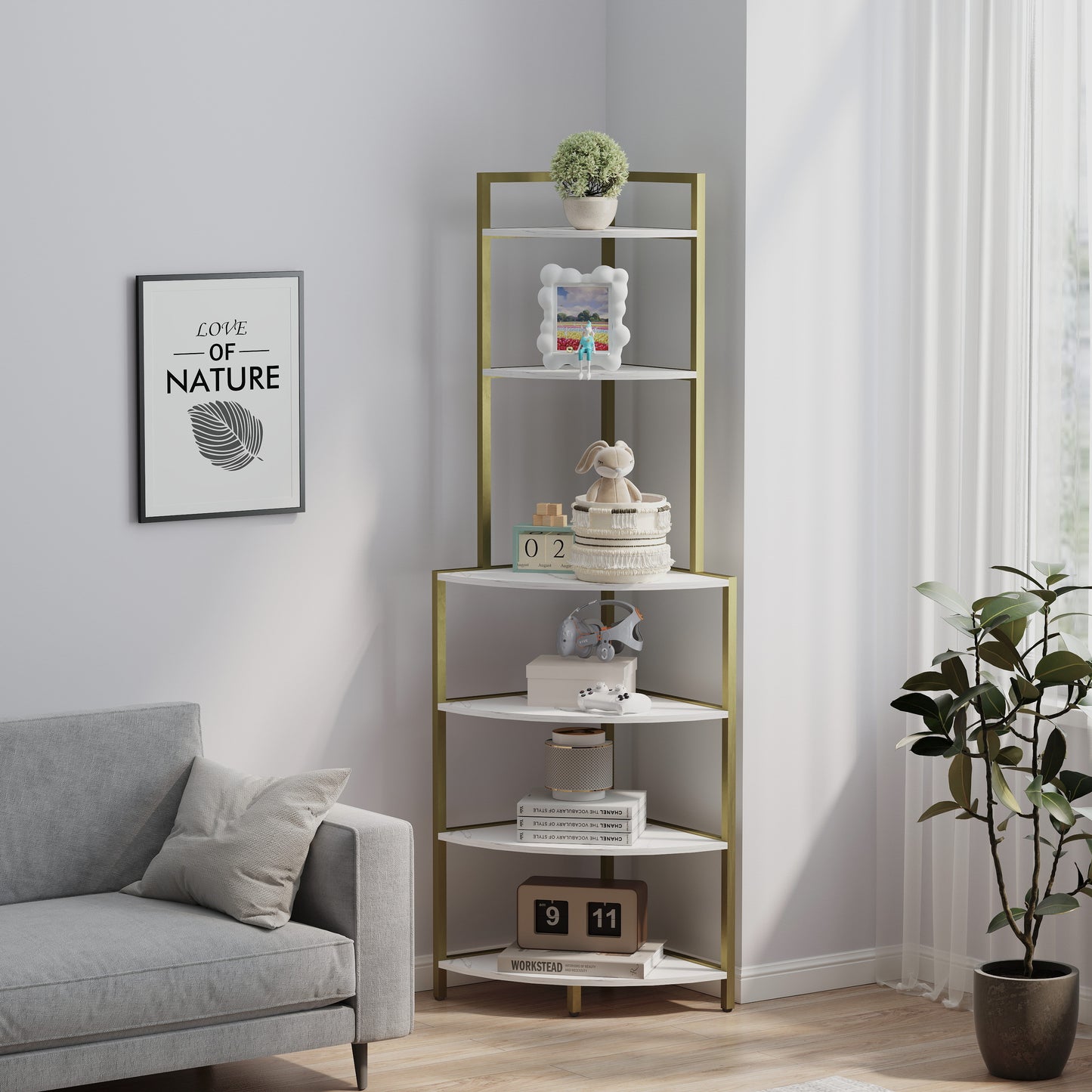 6-Tier Corner Shelf Freestanding Bookcase, Space-Saving Storage for Small Spaces