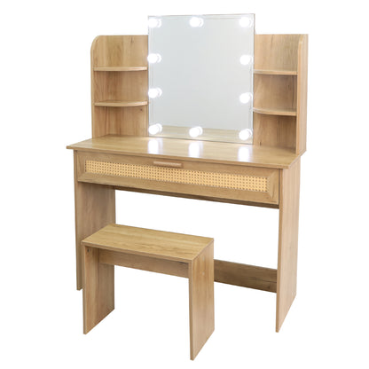 Vanity Desk Set with Stool, LED Mirror, Drawer, and Compartments, Modern Wood Dressing Table with Storage