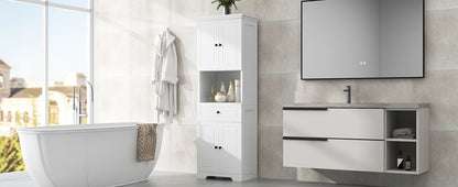 Tall Bathroom Cabinet with Four Doors and Open Shelve