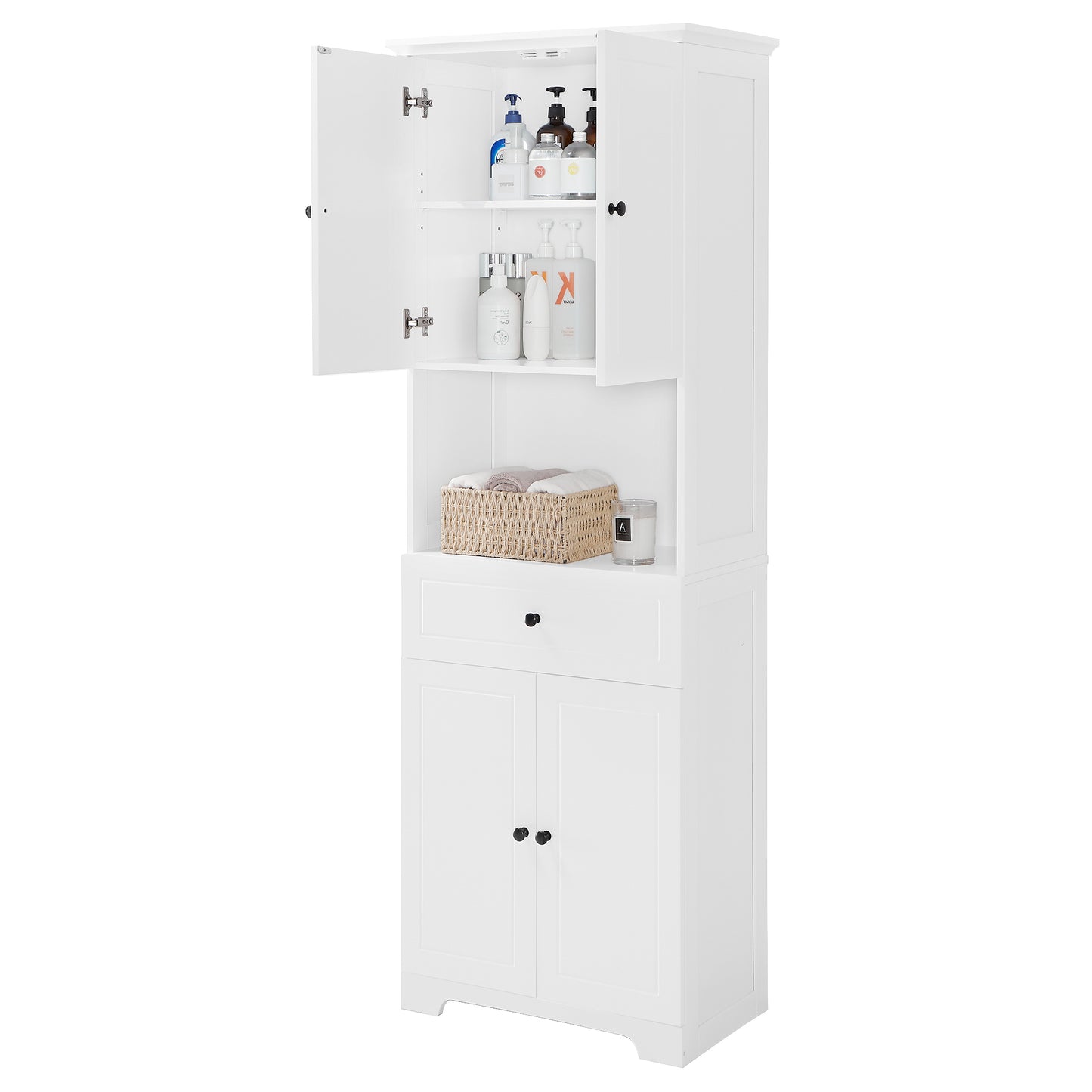 Tall Bathroom Cabinet with Four Doors and Open Shelve