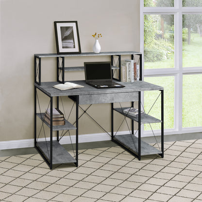 Grey and Black Office Desk with Open Shelves and Hutch