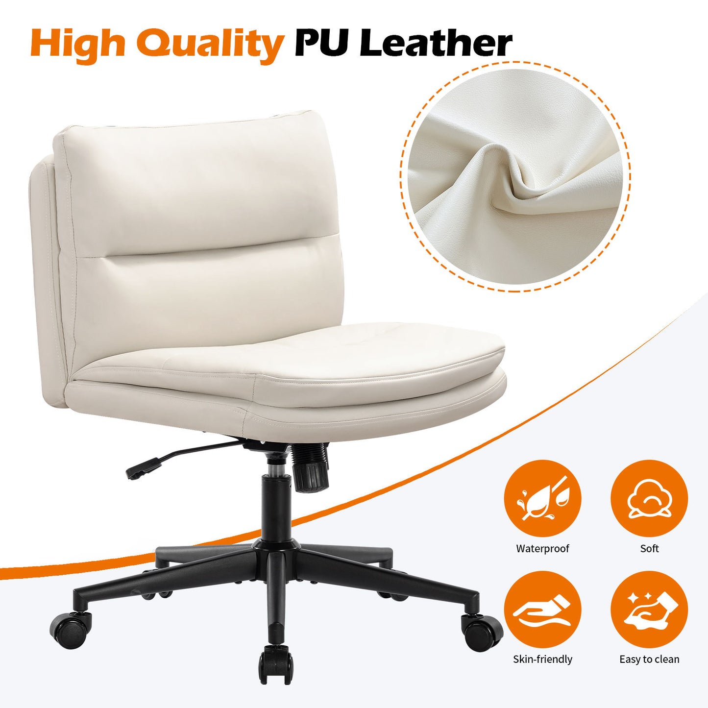 Armless Office Chair, PU Padded Desk Chair with Wheels, Mid Back Rocking Computer Chair for Bedroom and Vanity