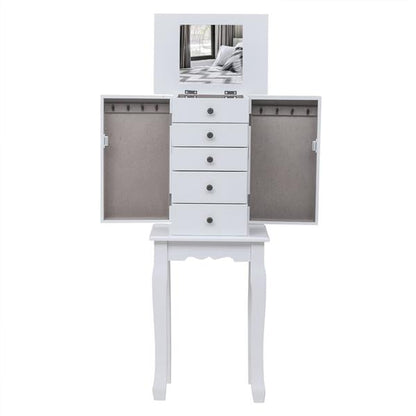 Standing Jewelry Armoire - 5 Drawers, 8 Hooks, Mirror, 2 Swing Doors