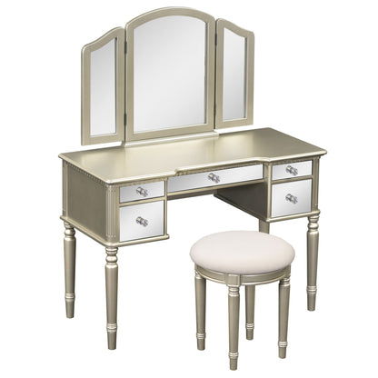 Dressing Table Set with Mirrored Drawers, Tri-fold Mirror, and Stool, Makeup Vanity Set for Bedroom