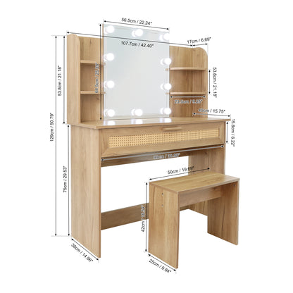 Vanity Desk Set with Stool, LED Mirror, Drawer, and Compartments, Modern Wood Dressing Table with Storage