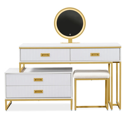 Modern Vanity Table with Movable Side Cabinet, 4 Drawers, Mirror with 3-Color LED Lights, Makeup Table with Stool, Gold Legs