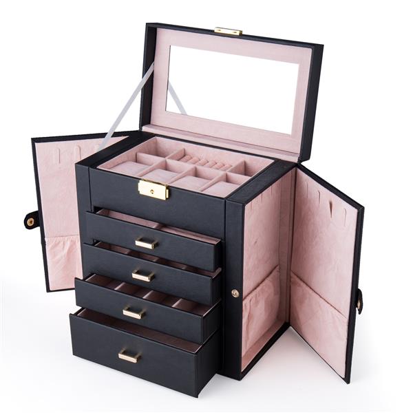 Synthetic Leather Jewelry Box - Mirrored, Lockable, Black