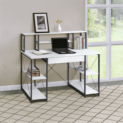 White and Black Office Desk with Open Shelves and Hutch