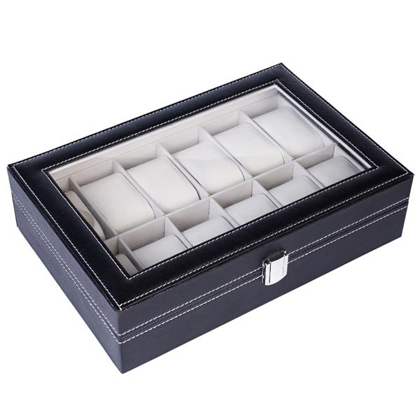 12-Compartment Leather Watch Box - Top-Level Opening, Black