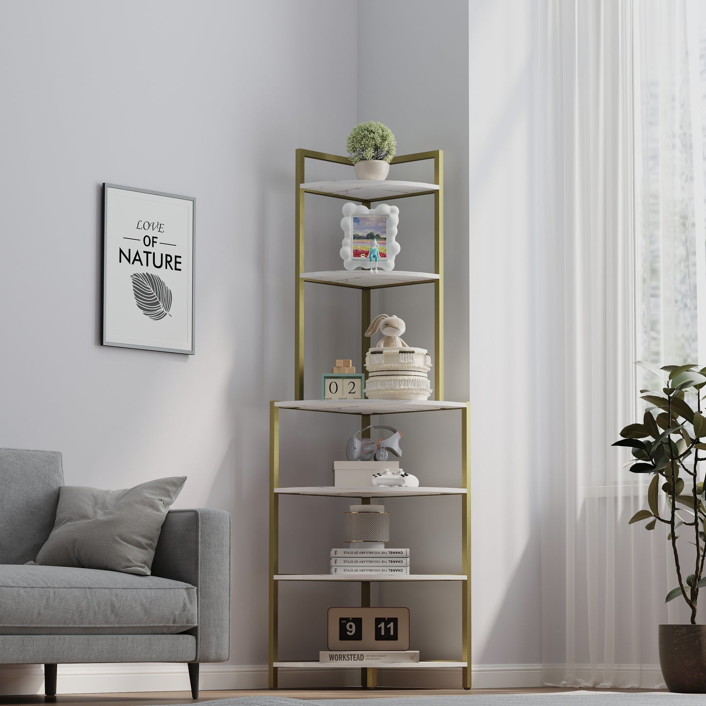 6-Tier Corner Shelf Freestanding Bookcase, Space-Saving Storage for Small Spaces