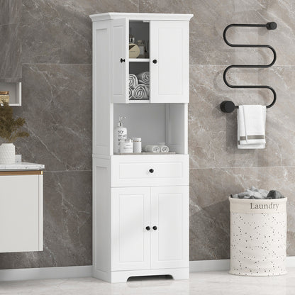 Tall Bathroom Cabinet with Four Doors and Open Shelve