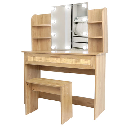 Vanity Desk Set with Stool, LED Mirror, Drawer, and Compartments, Modern Wood Dressing Table with Storage