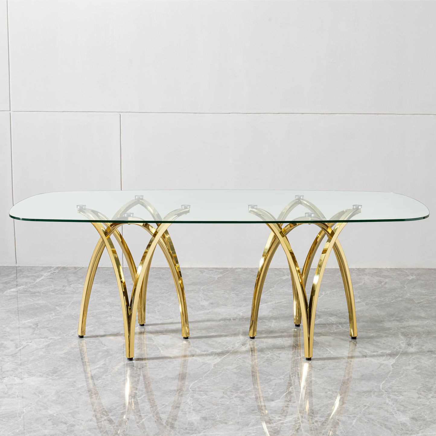 0.47" Thick Tempered Clear Glass Rectangular Big Dining Table with Gold Stainless Steel Base 86.61" L x 39.37" W x 29.92" H