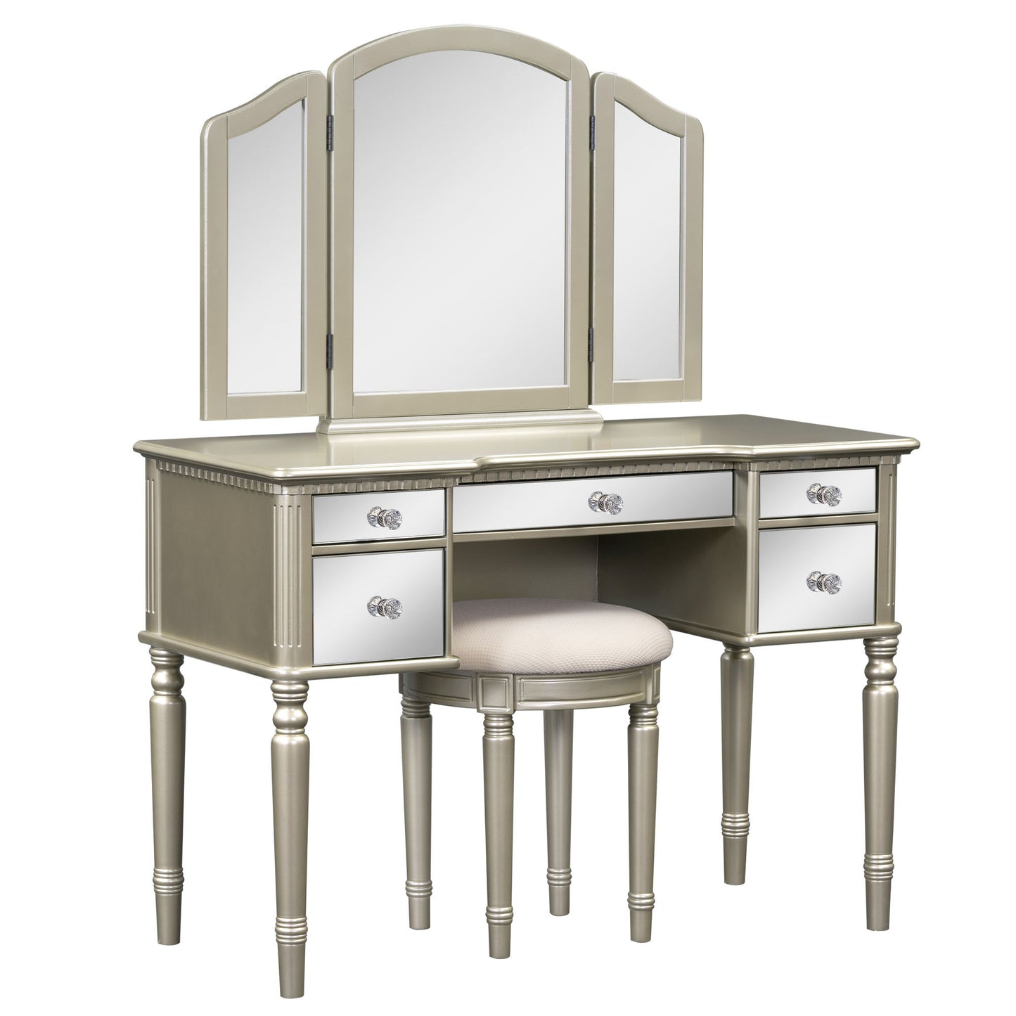 Dressing Table Set with Mirrored Drawers, Tri-fold Mirror, and Stool, Makeup Vanity Set for Bedroom