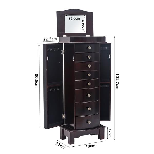 Jewelry Armoire - 8 Drawers, 16 Hooks, Mirror, 2 Swing Doors